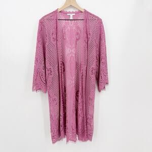 Isaac Mizrahi Pink Lace Kimono Cardigan Duster Open Front Boho L Layering Resort